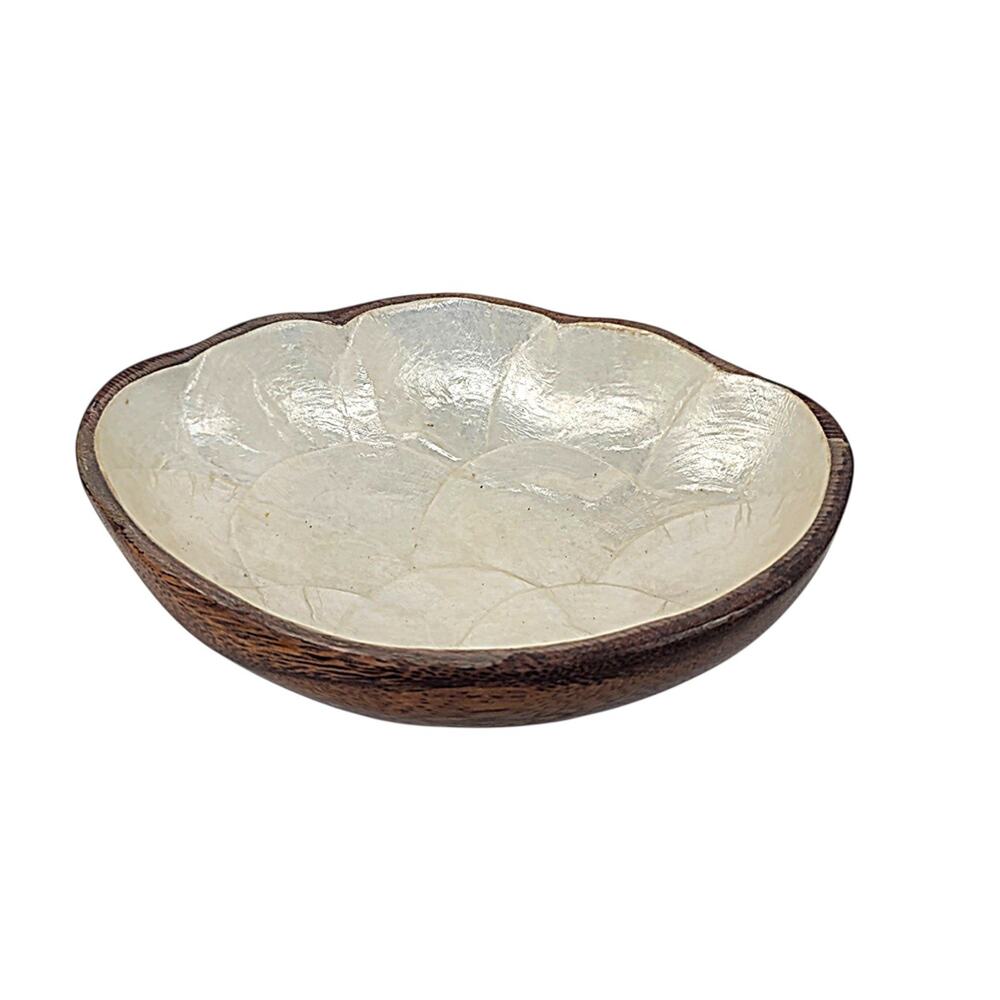 Vintage Monkeypod Wood Dish Lined With Capiz Shell 7.5" X 3" - M3